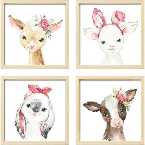 ArtbyHannah 4-Pack Kids Artwork Frames Changeable,Framed Baby Girl Nursery Decor, Nursery Wall Art with 10x10 Wood Frames & Watercolor Animals Prints, for Baby Room, Playroom,Bedroom Decoration