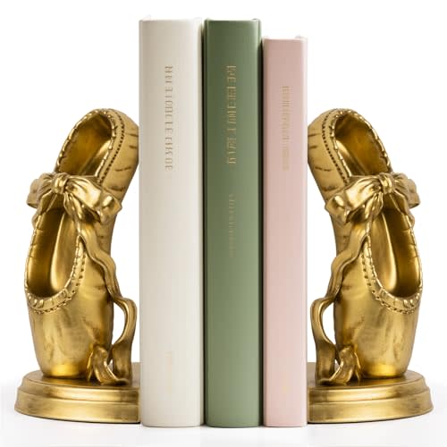 Bookends for Shelves, Ballet Slipper Decorative Bookends - Book Ends with Anti-Slip Pad for Book Lovers Dancers Heavy Book Holder for Home Office Decor (Gold)