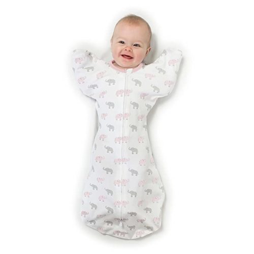 Amazing Baby Transitional Swaddle Sack with Arms Up Half-Length Sleeves and Mitten Cuffs, Tiny Elephants, Pink, Small, 0-3 months, 6-14 lbs (Better Sleep for Baby Girls, Easy Swaddle Transition) - Pink Tiny Elephants - Small (6-14 Pound)