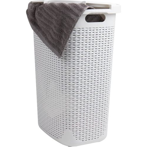 Mind Reader 60L Slim Laundry Hamper, Clothes Basket, Lid, Wicker Design, Plastic, 17.65"L x 13.75"W x 24.15"H, White