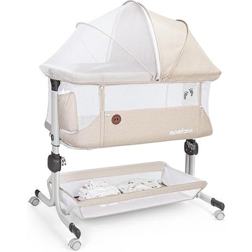 Baby Bassinet Bedside Sleeper, Upgraded Stability Bedside Crib with Full Mesh Sides, Soft Sheet, 6-Height Adjustment, Storage Basket, Easy Folding Portable Bassinet for Newborns, Oatmeal