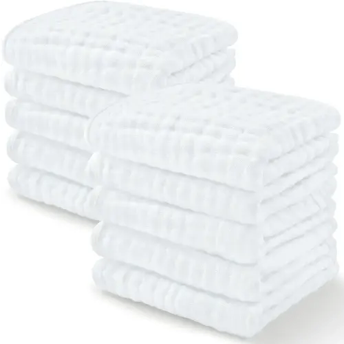 Baby Washcloths, Muslin Cotton Baby Towels 10 Pack -Large 10”x10” Wash Cloths Soft on Sensitive Skin, Absorbent for Boys & Girls, Newborn Baby & Toddlers Bibs & Burp Cloths Essentials Set, White