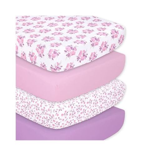 The Peanutshell Purple Floral 4-pack Crib Fitted Sheet Set In Purple/pink/white
