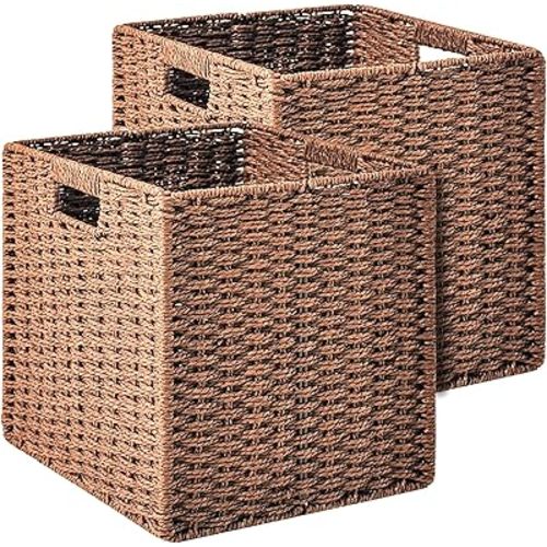 Wicker Storage Baskets for Organizing Shelves, Paper Rope Woven Basket for Storage, Wicker Storage Cubes Bins, 11"x10.25"x11", 2 Packs, Brown