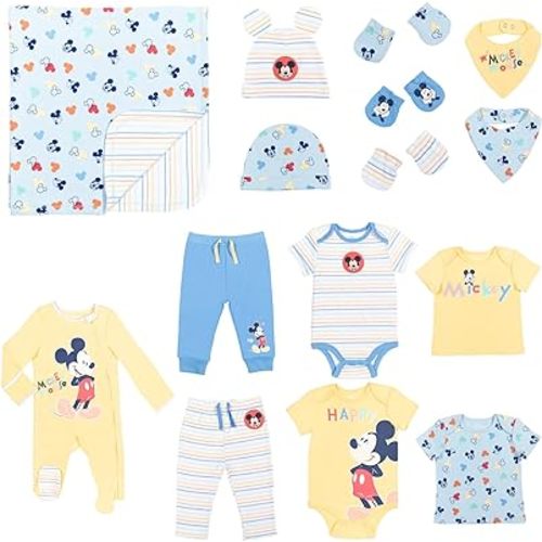 Disney Mickey Mouse Newborn Baby Zip Up Coverall Bodysuits T-Shirts Pants Bibs Hats Mitts and Blanket 15 Piece Layette Set