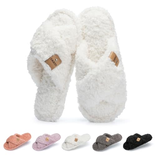 GOEWY Fuzzy Open Toe Slippers for Women Indoor and Outdoor with Memory Foam Cozy Cross Band Women's Slipper Cute Soft House Shoes Slip On Gifts for Womens Mom Her Ladies Bridesmaid