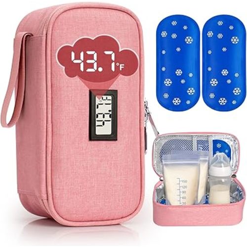 SUNMON Breast Milk Cooler Bag with Real-Time Temperature Display, Portable Travel Breastmilk Storage Case, Includes 2 Reusable Ice Packs, for Pumping Moms on The Go (Pink)