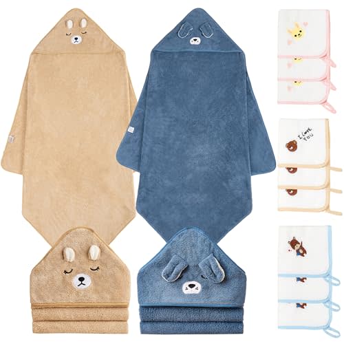 Hooded Towel for Baby, 2 Pack Coral Fleece and 9 Baby Washcloths, Soft and Absorbent Baby Towels Large 35.5x35.5 Inch Shower Towel Gift for Newborns, Infants and Toddlers (Navy Blue Dog+Brown Bear)
