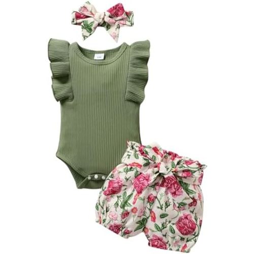 Tiny Cutey Baby Girl Clothes Infant Summer Outfits Set Ruffle Sleeve Romper and Floral Shorts with Headband