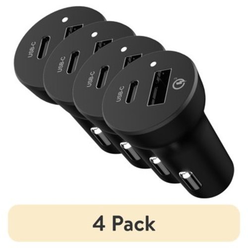 (4 pack) Auto Drive Quick Charge 3.0 USB Black Car Charger, 18W USB-A and 18W Type C Charging Ports