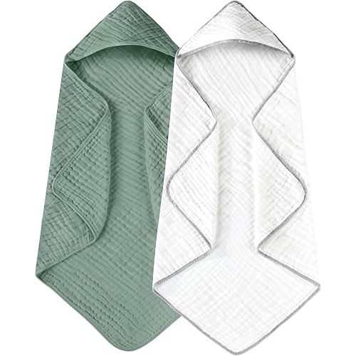 Yoofoss Hooded Baby Towels for Newborn 2 Pack 100% Muslin Cotton Baby Bath Towel with Hood for Babies, Infant, Toddler and Kids, Large 32x32Inch, Soft and Absorbent Newborn Essential