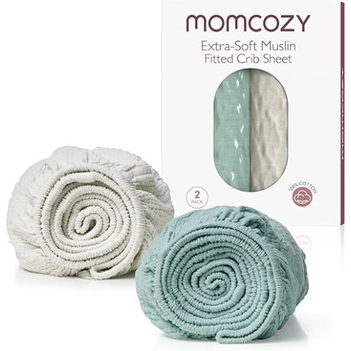 Momcozy Muslin Standard Fitted Crib Sheets, 52"x28", 2 Pack Soft Breathable Natural Cotton Baby Mattress Sheet, 360° Mattress Wrapping No Slip Boys Girls Neutral Toddler Bed Sheet, Crisp Green Grey