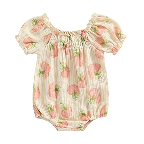 Infant Baby Girl Linen Romper Smocked Bubble Bodysuit Frill Trim Ruffle One-Piece Jumpsuit Casual Cute Summer Clothes