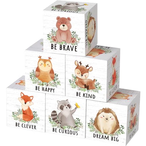 Vertintong 6 Pcs 1.6 Inch Inspirational Woodland Nursery Decor Animals Wall Decor Stuff Wooden Forest Animals Bear Raccoon Lion Fox Block Safari Creature Table Decoration(Woodland)