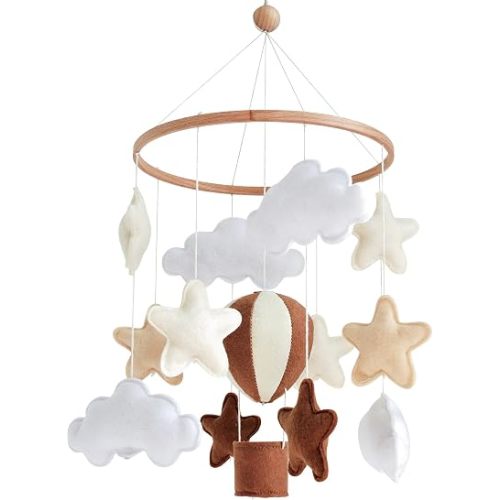 Neutral Hot Air Balloon Mobile for Crib Boho Baby Crib Mobile for Girls Boys Stars & Clouds Hot Air Balloon Baby Mobile for Crib