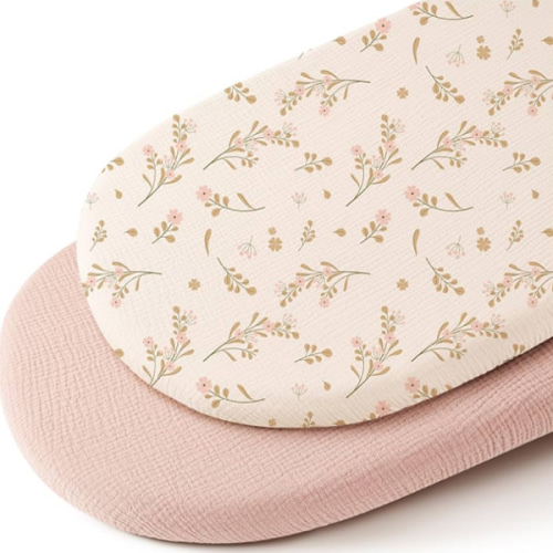 Konssy Muslin Bassinet Sheets for Baby Girl Boy, 2 Pack Soft Breathable Baby Bassinet Mattress Sheets Fit for Hourglass Oval Cradle, Moses Basket Rectangle Mattress (Floral, Pink)
