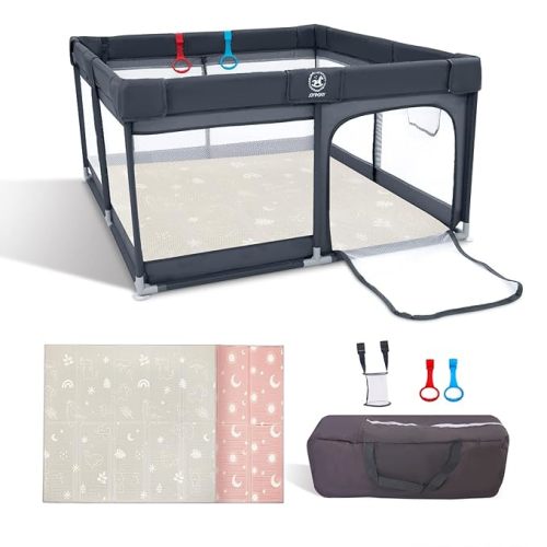 4 in 1 Baby Playpen with a Mat, 50"x50" Large PlayPen for Babies and Toddlers, Outdoor Baby Play Yard for Baby Activity Center, Sturdy Safety Baby Fence with Breathable Mesh and Anti-Slip Base - 50'x50'x27' - Dark Grey with mat