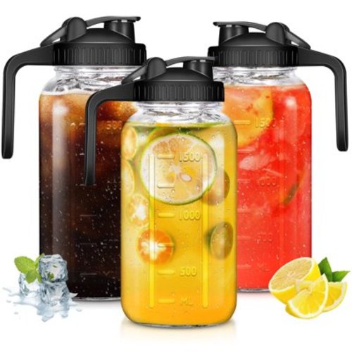 3 Pack 64OZ Mason Jars with Lid , Glass Pitcher Double Leak Proof with Pour Spout Handle, 1 Quart Wide Mouth Breast Milk Pitcher for Fridge, Creamer Container for Coffee, Sun Tea, Juice