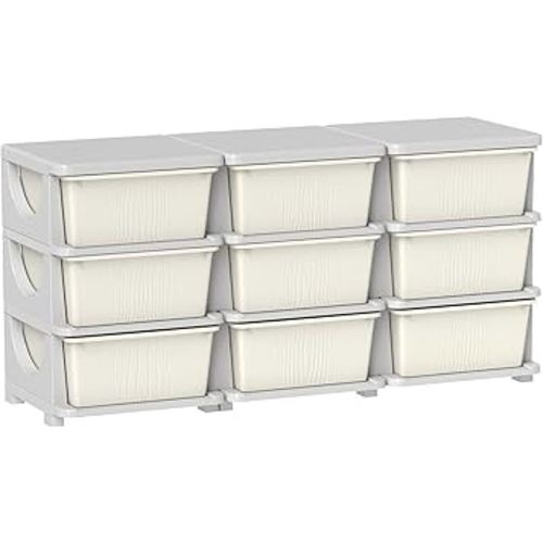 Qaba 3 Tier Kids Storage Unit, 9 Drawer Chest Toy Organizer Plastic Bins for Kids Bedroom Nursery Kindergarten Living Room for Boys Girls Toddlers, Cream White