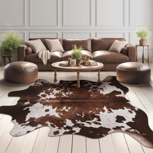 Faux Cowhide Cow Print Rug: 5.2 x 6.2 Feet Cow Hide Animal Print Area Carpet Large Western Decor for Living Room Bedroom
