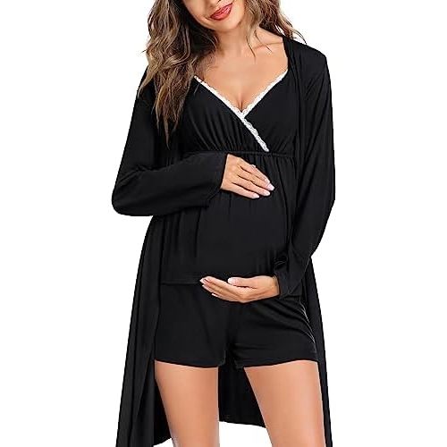 SWOMOG Womens Maternity Robe Set 3 Piece Nursing Pajamas for Breastfeeding 3 in 1 Labor Delivery Hospital Pregnancy Pjs