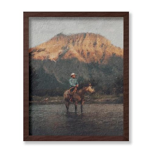 Poster Master Vintage Cowboy Poster - Retro Landscape Print - Wild West Art - Western Art - Horse Riding Art - Gift for Men & Women - Rustic Decor for Bedroom or Farmhouse, 8x10 Brown Framed