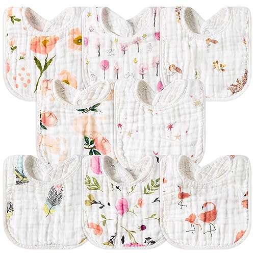 GROBRO7 8Pcs Muslin Baby Bibs Soft Cotton Adjustable Snap Drool Bib Absorbent Breathable Feeding Bibs for Teething Drooling