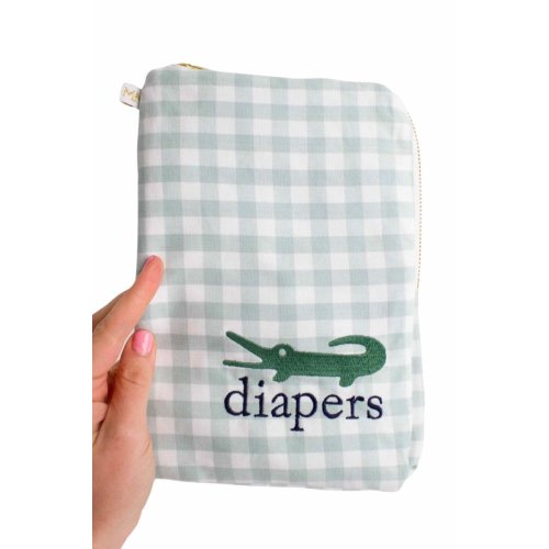 Sage Gingham Alligator Travel Diaper & Wipes Travel Pouch