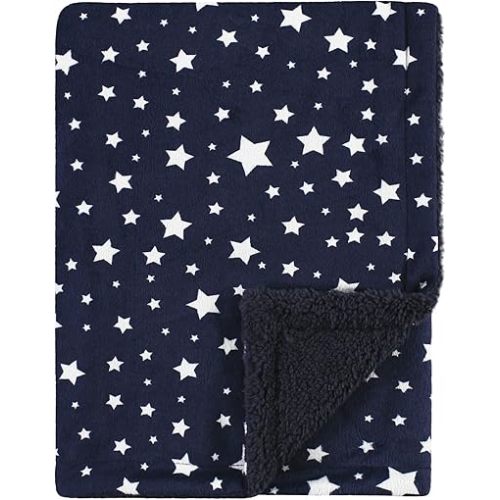 Hudson Baby Unisex Baby Plush Mink and Sherpa Blanket, Navy Star, One Size