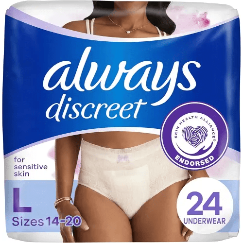 Always Discreet for Sensitive Skin Underwear, Four Times Skin Protection, Dermatologically Tested, Fragrance-Free, Maximum Absorbency, Large, 24 Count