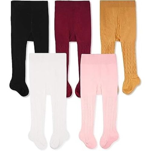 CozyWay Girls Tights Cotton Cable Knit Footed Pantyhose Baby Toddler Leggings - Pack of 5