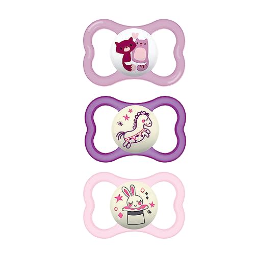 MAM Air Night & Day Baby Pacifier, for Sensitive Skin, Glows in The Dark, 3 Pack, 6-16 Months, Girl