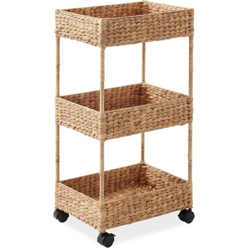 Casafield 3-Tier Rolling Storage Cart - Natural, Water Hyacinth Nursery Caddy, Utility Cart for Bathroom, Craft Room, Laundry Room Organization