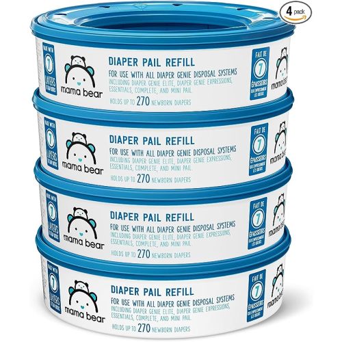 Amazon Brand - Mama Bear Diaper Pail Refills for Diaper Genie Pails, Unscented, 1080 Count (4 Packs of 270 Count) - 270 Count (Pack of 4)