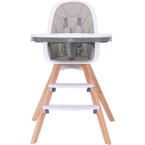 3-in-1 Convertible Baby High Chair, Wooden Highchair/Toddler Chair/Booster Seat with Double Removable Tray, 5-Point Harness, PU Cushion and Footrest, High Chair for Babies and Toddlers, Light Gray