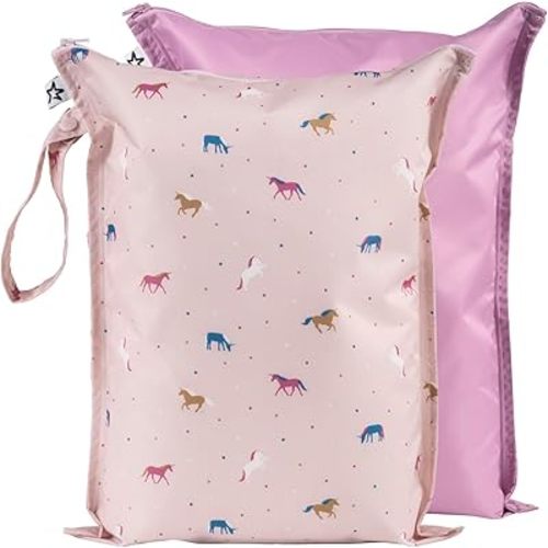 Tiny Twinkle Mess-proof Waterproof Wet Dry Bag | 2 Pack Reusable for Swimsuits, Gym & Baby Clothes | Leakproof Wet Clothes Bag, Beach Travel Essentials (Unicorn)