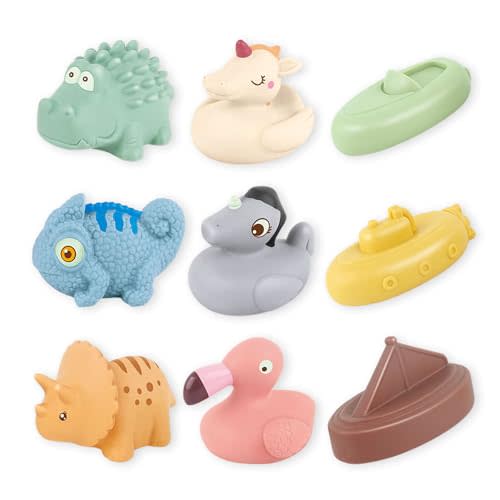 BYKASIST Mold-Free & No Holes Baby Bath Toys for 6-12 Months & 1-3 Year Olds | 9 Pack Animal & Floating Boats Bathtub Float Toys | Pool Shower Water Play | Baby Gift for Toddlers, Girls & Boys