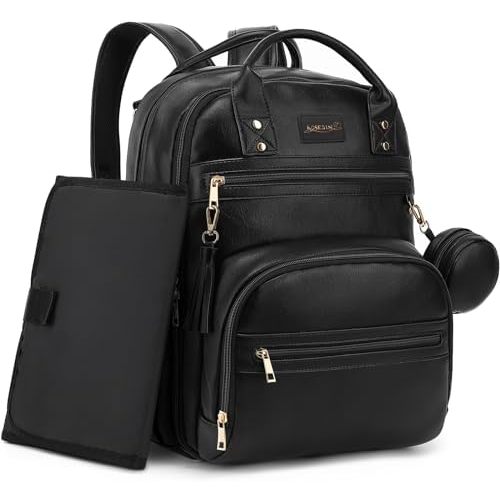 Premium Vegan Leather Diaper Bag Backpack with Waterproof Changing Pad, Reinforced Zippers & Odor-Free, 20 Pockets Pro Organizer, Fits 15.6" Laptop, Stroller Straps, Baby Bag for Mom, Black