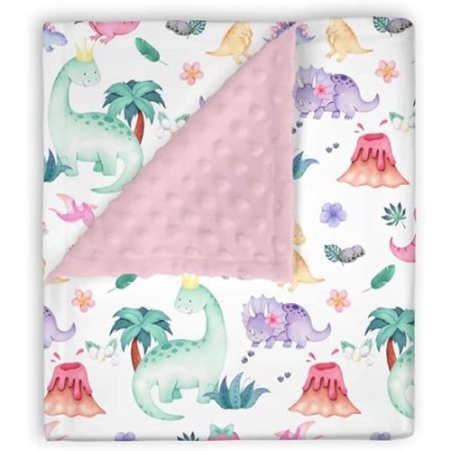 Mink Baby Blanket for Girls Dinosaur Lover Pink Purple, Tropical Dino Soft Lightweight Double Layer Dotted Backing Receiving Blankets, Newborn Infant Toddler Nursery Crib Bedding 30 x 40
