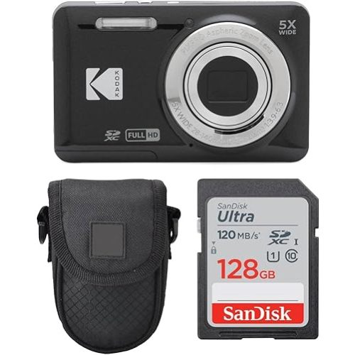Kodak PIXPRO FZ55 Digital Camera (Black) + Point & Shoot Camera Case + Sandisk 128GB SDXC Memory Card
