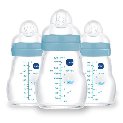 MAM Feel Good Slow Flow, Premium Glass Baby Bottles, Newborn Essentials Must Have, Easy Switch Between Breast and Bottle, 6oz, 0+ Months, BPA Free, Boy, 3 Pack