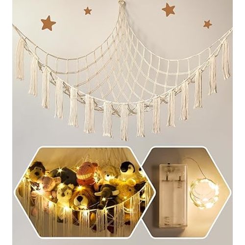Stuffed Animal Storage Hammock Corner X-Large with LED Light - Baby Hammock Hanging Holder Plushies Net for Stuff Animals Organizer - Cute Room Decor Aesthetic Kids Toddler Nursery Bedroom Boho