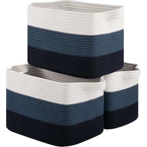 Storage Basket for Organizing, Woven Baskets for Storage, Rectangle Decorative Baskets for Shleves, Closet, Toys, Books, Nursery Organizer Bins - Pack of 3 (Gradient Blue)