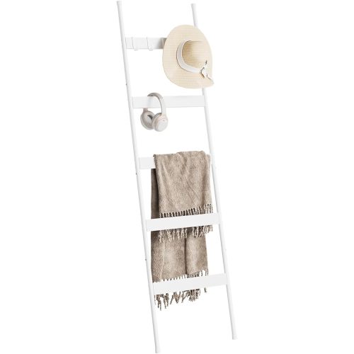 ELYKEN Blanket Ladder for Living Room, Farmhouse 5 -Tier Quilt Holder with 4 Removable Hooks for Bathroom, Wood Towel Rack Display, Wall Anchor Leaning Decorative Stand for Home Decor, White