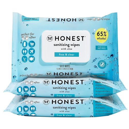 The Honest Company Fragrance Free Sanitizing Alcohol Wipes | Antibacterial + Safe for Hands | Kills 99% of Germs, Made With Aloe | 150 Count (3 Packs of 50)