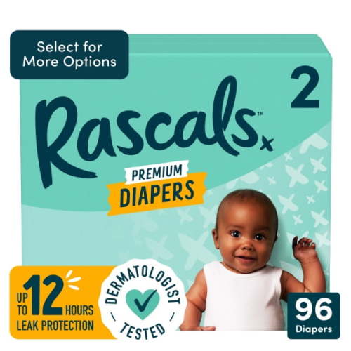 Rascals Premium Absorbent Baby Diapers Size 2, 96 Count, with 5 Sensitive Infant Wipes