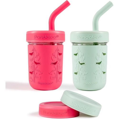 Pandaloo Mason Jar Toddler Cup | 8 oz Glass Cups with Silicone Sleeve & Lids | Spill-Resistant Smoothie & Snack Cups for Kids | BPA-Free | Stainless Steel Inner Straw