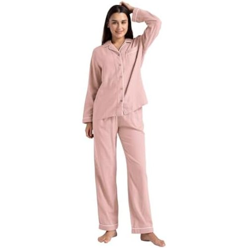 Women's Pajama Set 100% Double Gauze Cotton Linen Like Super Soft Comfy Lightweight Button Down Sleepwear