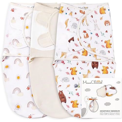 Mama Cheetah Organic Cotton Swaddle Blanket, Adjustable Swaddle Sleep Sacks, Easy Swaddles for Boy Girl 0-3 Month, Baby Essentials, 3-Pack, Sunshine & Rainbow