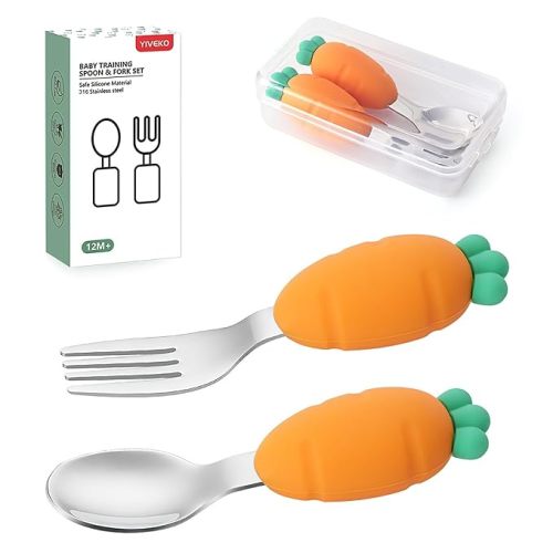Baby Fork and Spoon Set with Carry Case Baby Training Utensils Self Feeding Toddler Silverware Silicone and Stainless Steel Kids and Toddler Utensil Set-Carrot